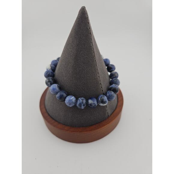 Marbled Bead Tassel Stretch Bracelet Navy Blue Natural Earthy Boho Stackable - Picture 2 of 3